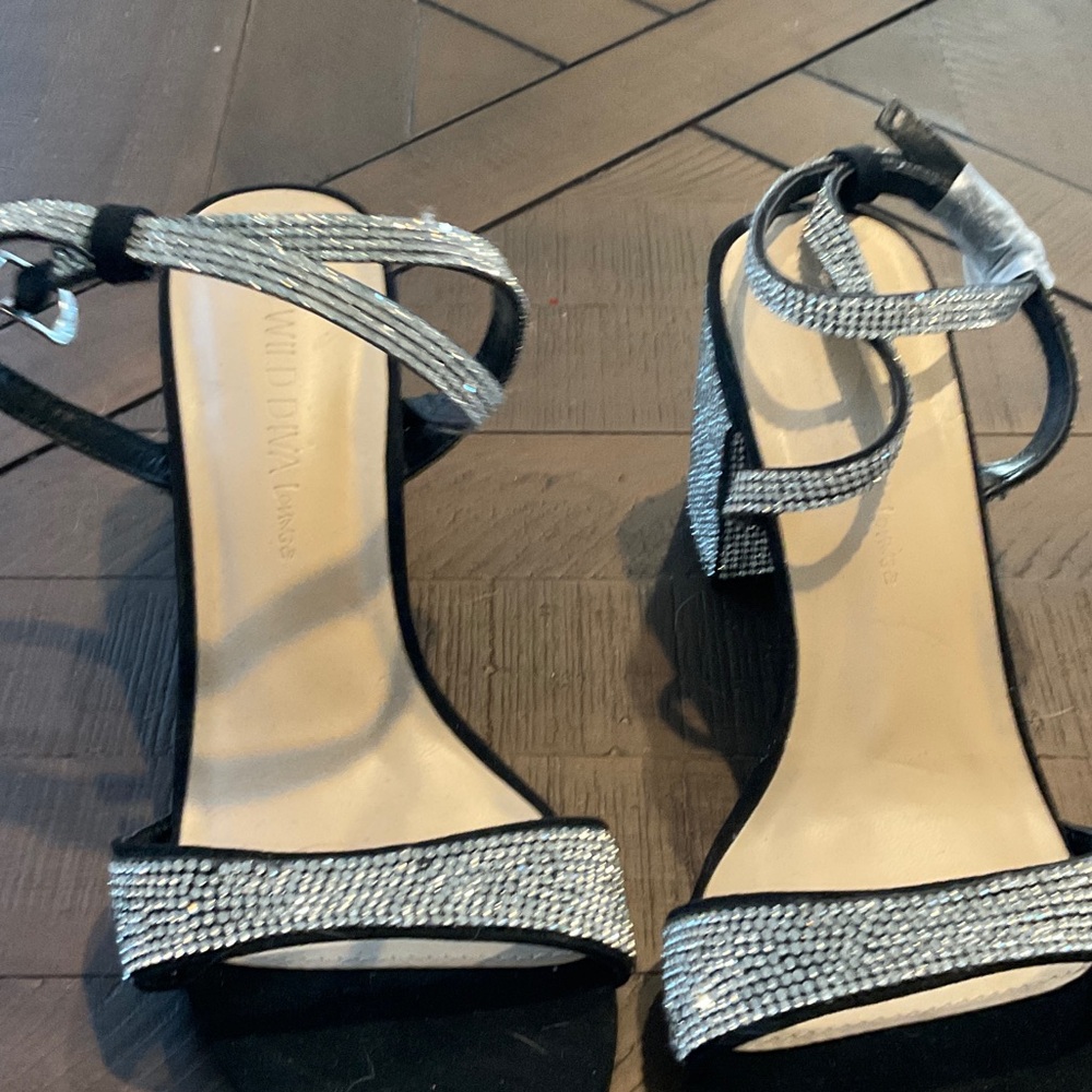 Wild Diva Black Strappy Heels with Silver Rhinestones
